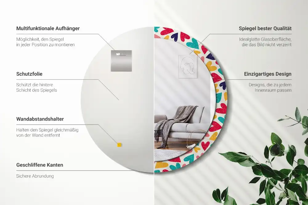 Miroir rond cadre imprimé cœurs colorés