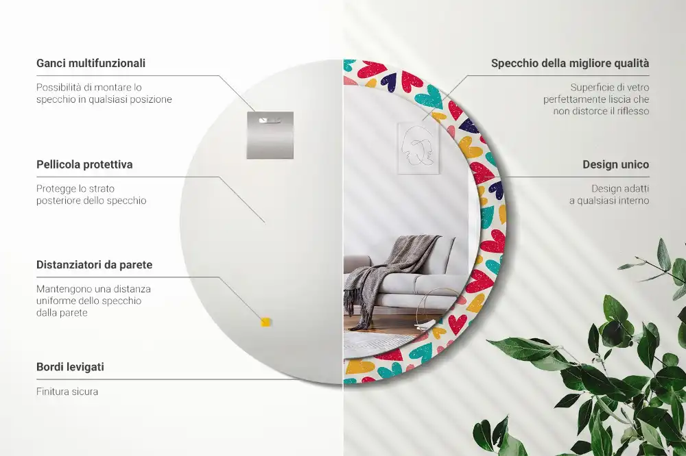Miroir rond cadre imprimé cœurs colorés