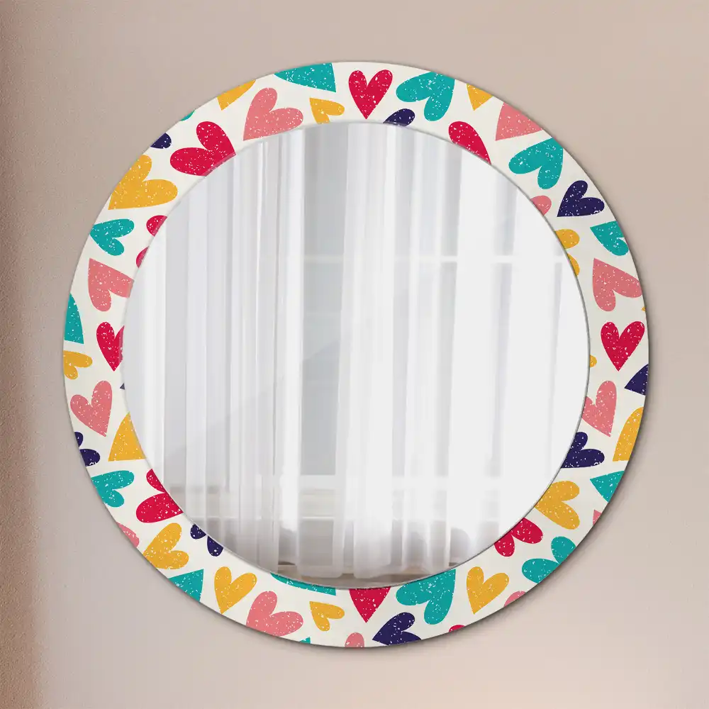 Miroir rond cadre imprimé cœurs colorés