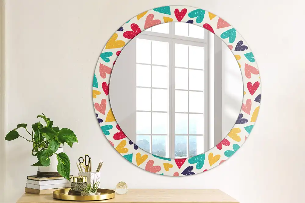 Miroir rond cadre imprimé cœurs colorés