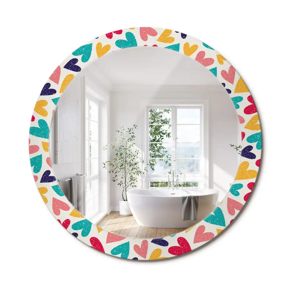 Miroir rond cadre imprimé cœurs colorés