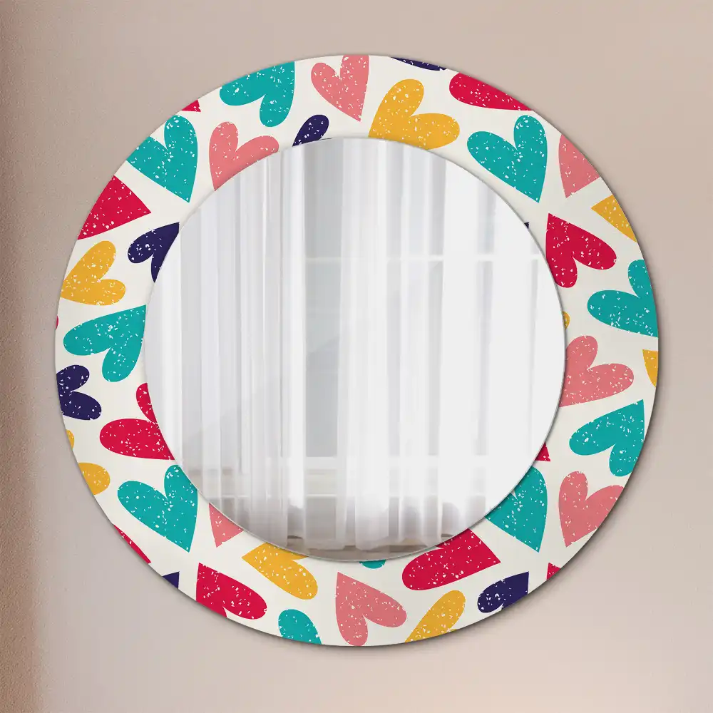 Miroir rond cadre imprimé cœurs colorés