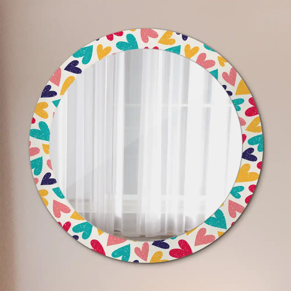 Miroir rond cadre imprimé cœurs colorés