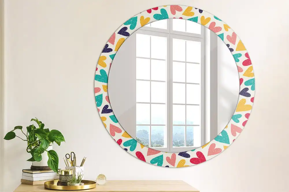 Miroir rond cadre imprimé cœurs colorés
