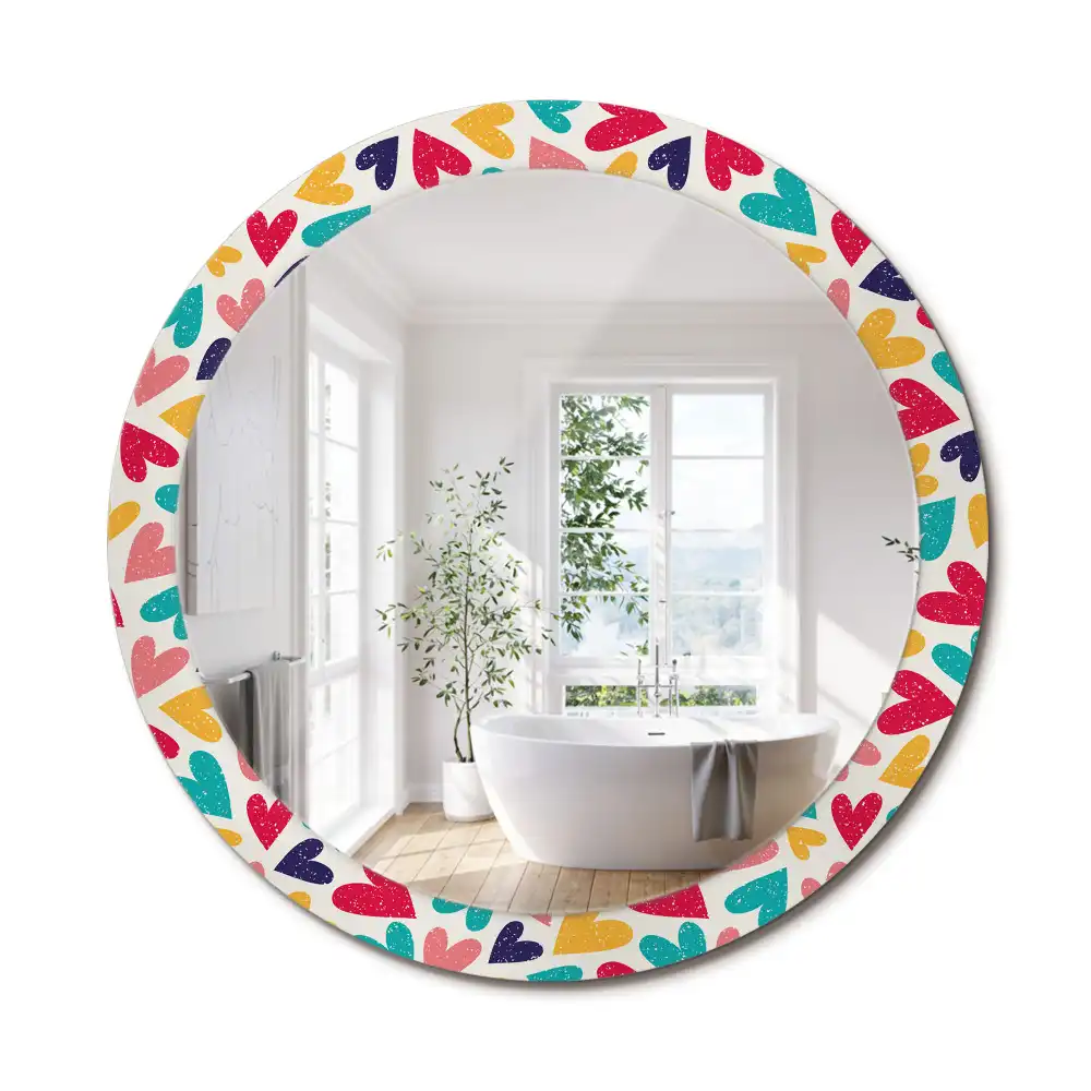 Miroir rond cadre imprimé cœurs colorés