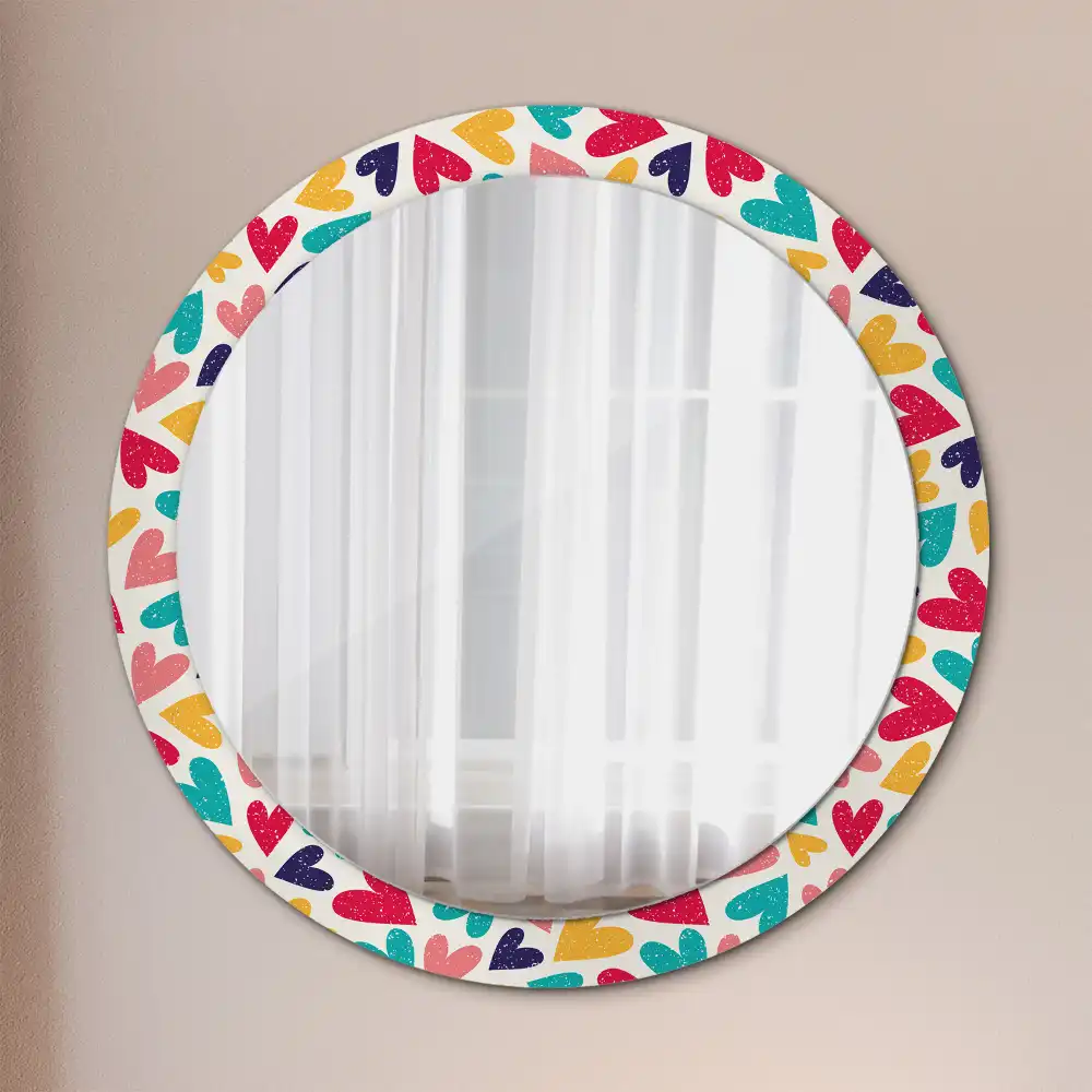 Miroir rond cadre imprimé cœurs colorés