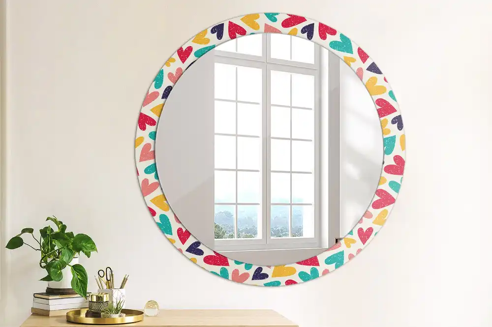 Miroir rond cadre imprimé cœurs colorés