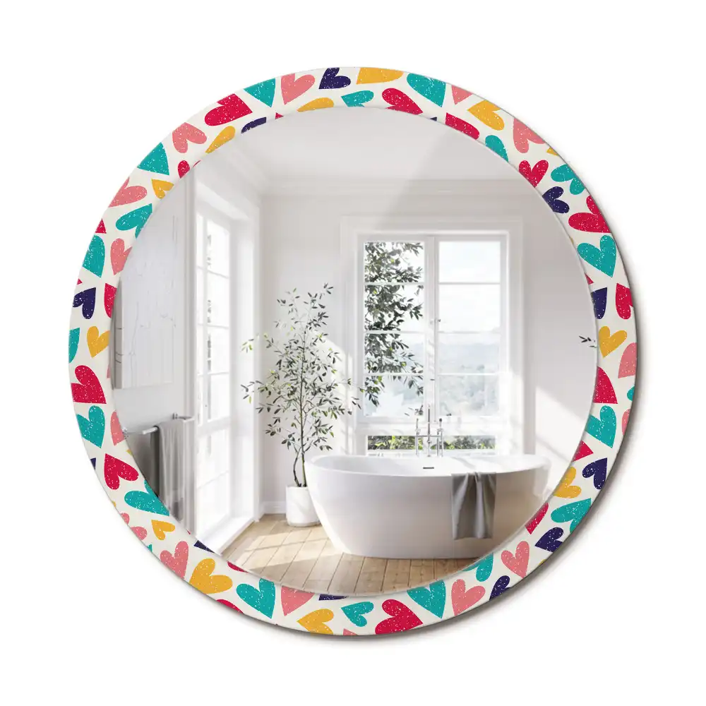 Miroir rond cadre imprimé cœurs colorés