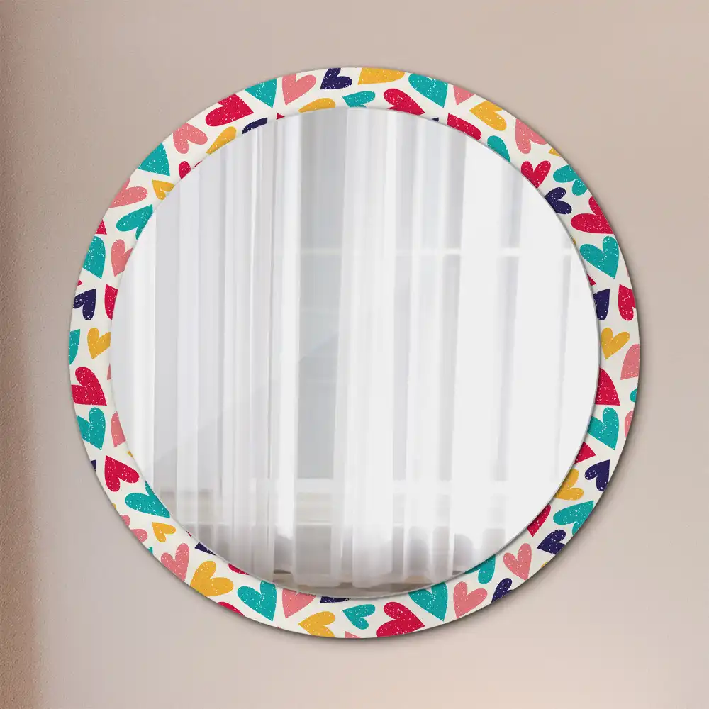 Miroir rond cadre imprimé cœurs colorés