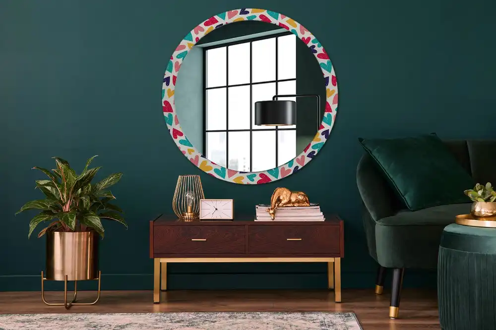 Miroir rond cadre imprimé cœurs colorés