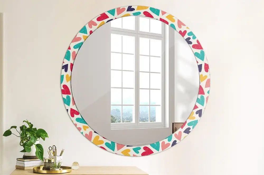 Miroir rond cadre imprimé cœurs colorés