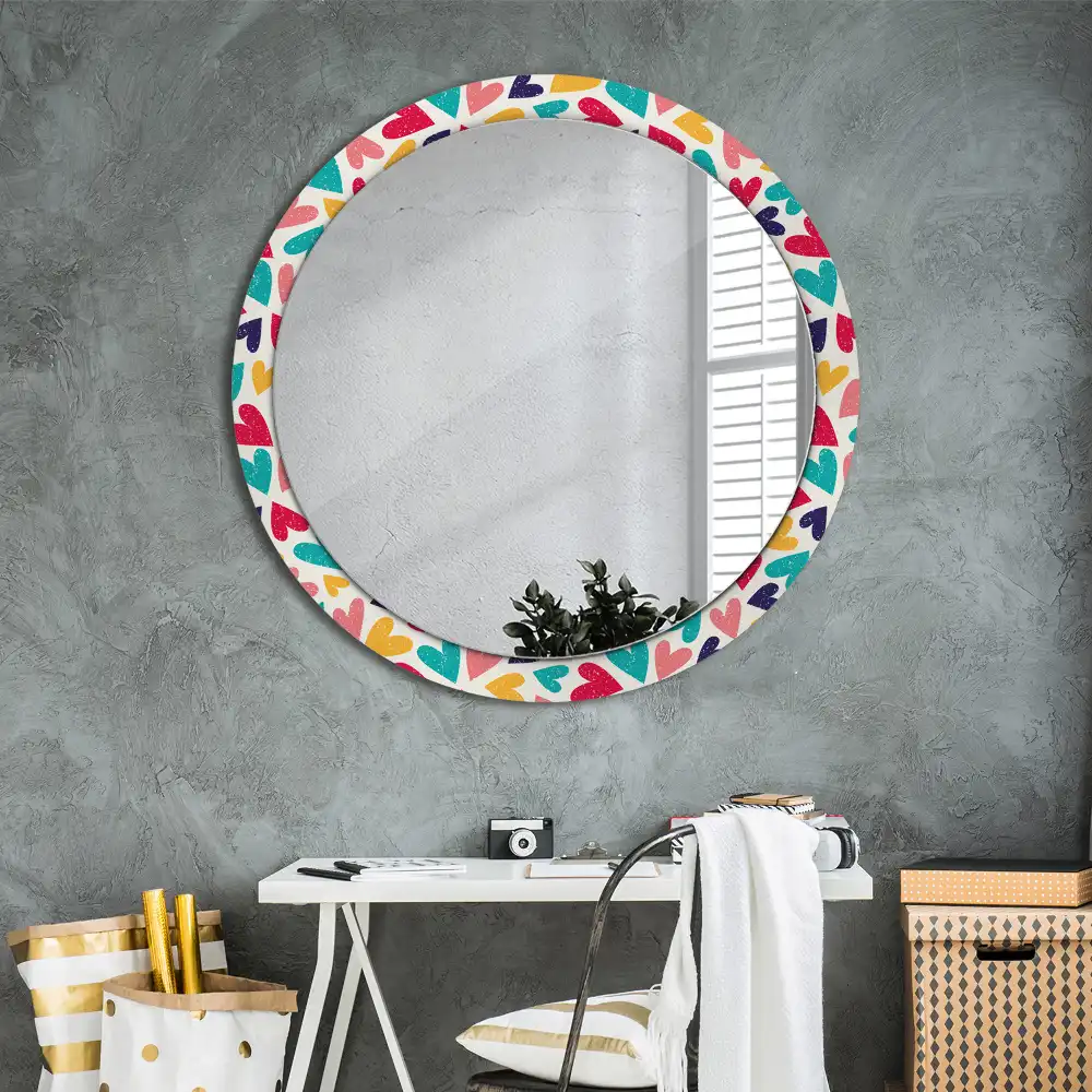 Miroir rond cadre imprimé cœurs colorés