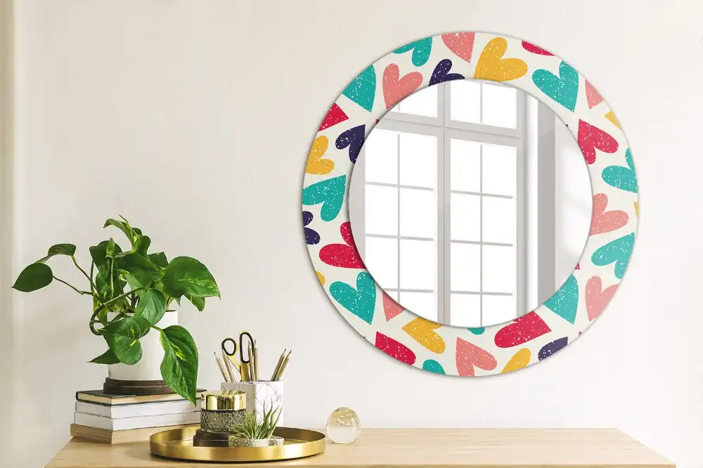 Miroir rond cadre imprimé cœurs colorés