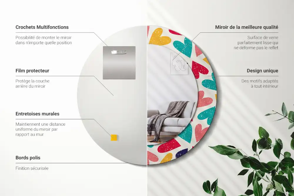 Miroir rond cadre imprimé cœurs colorés