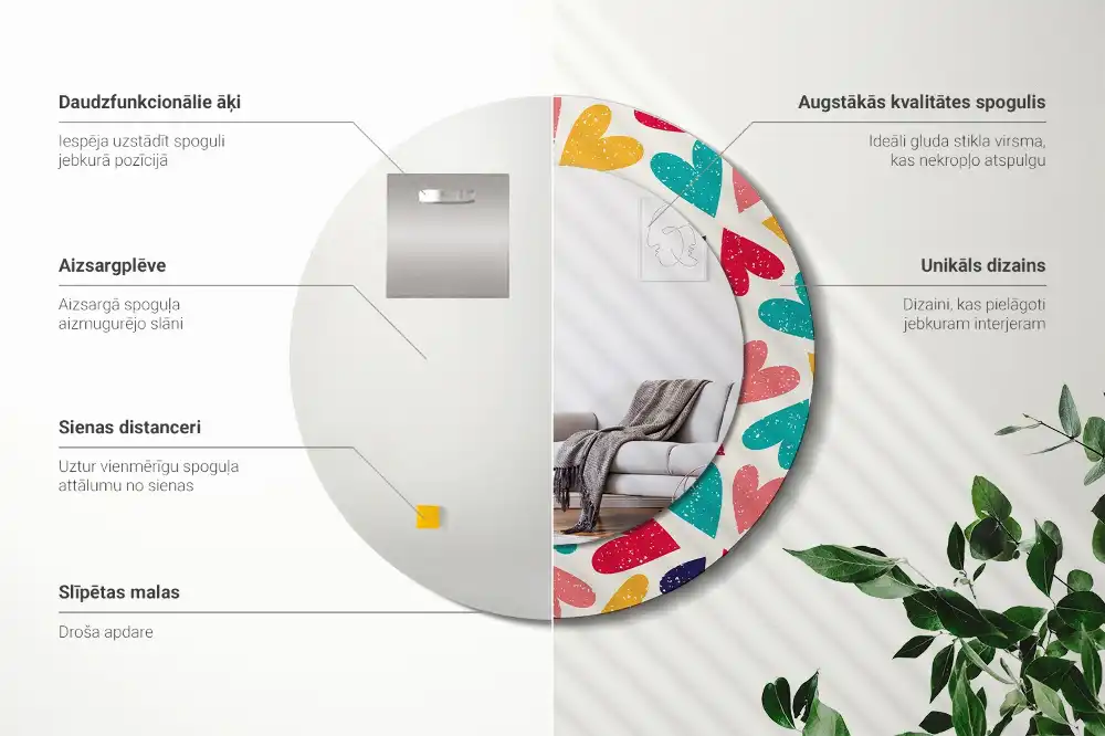 Miroir rond cadre imprimé cœurs colorés