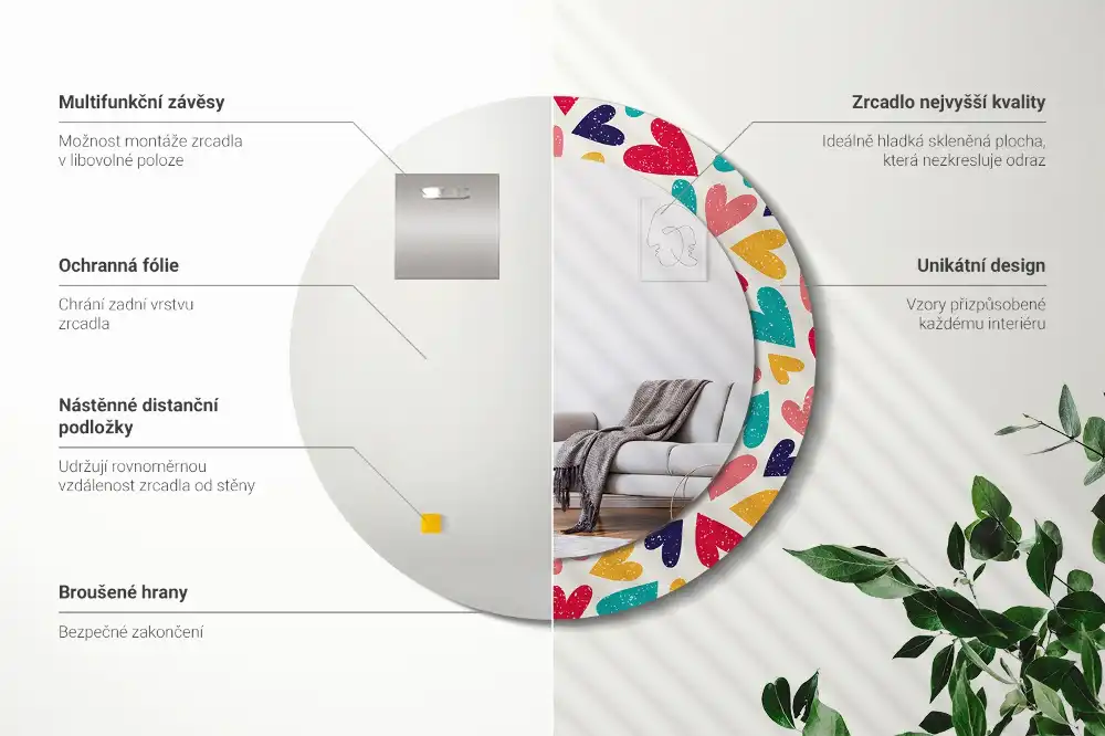 Miroir rond cadre imprimé cœurs colorés