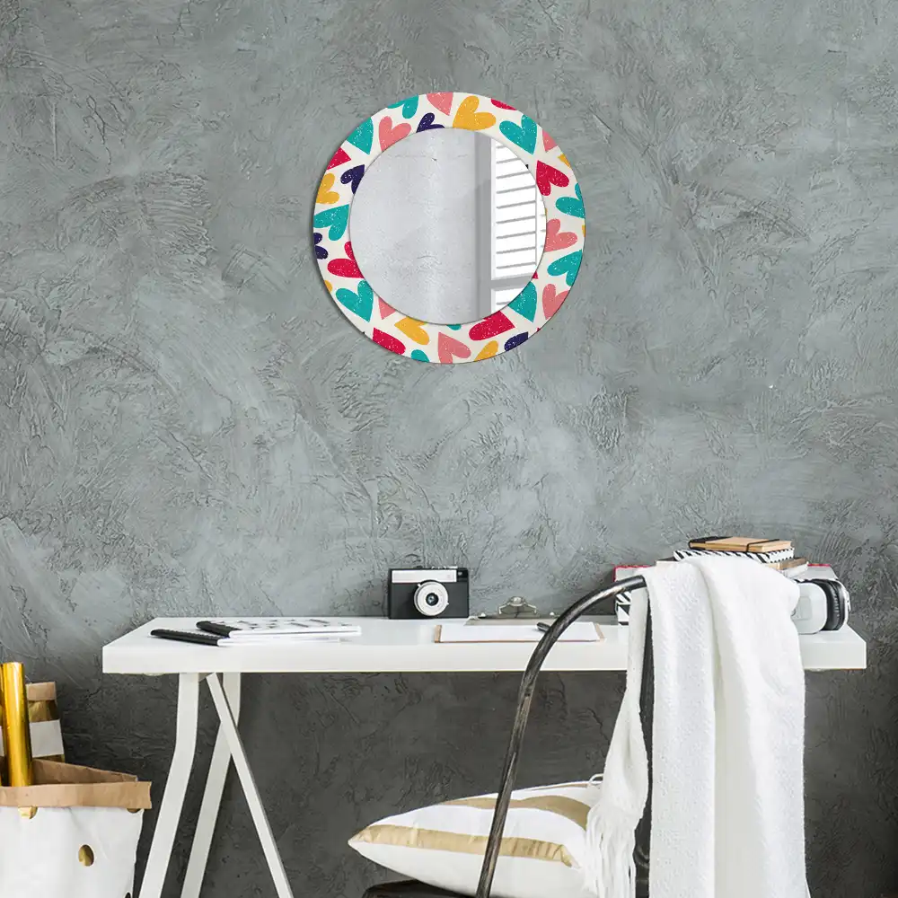 Miroir rond cadre imprimé cœurs colorés