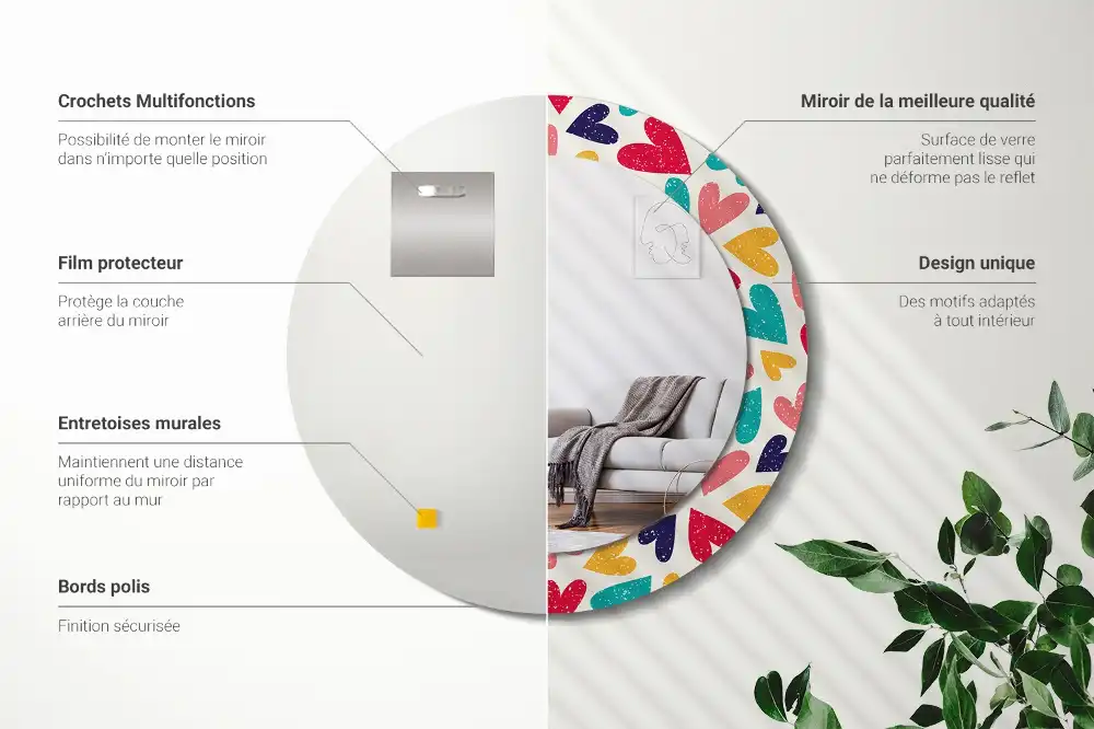 Miroir rond cadre imprimé cœurs colorés