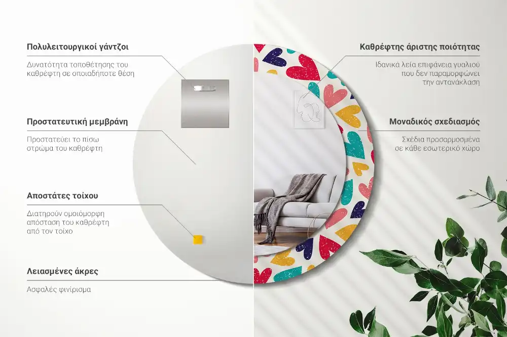 Miroir rond cadre imprimé cœurs colorés