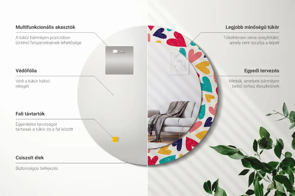 Miroir rond cadre imprimé cœurs colorés