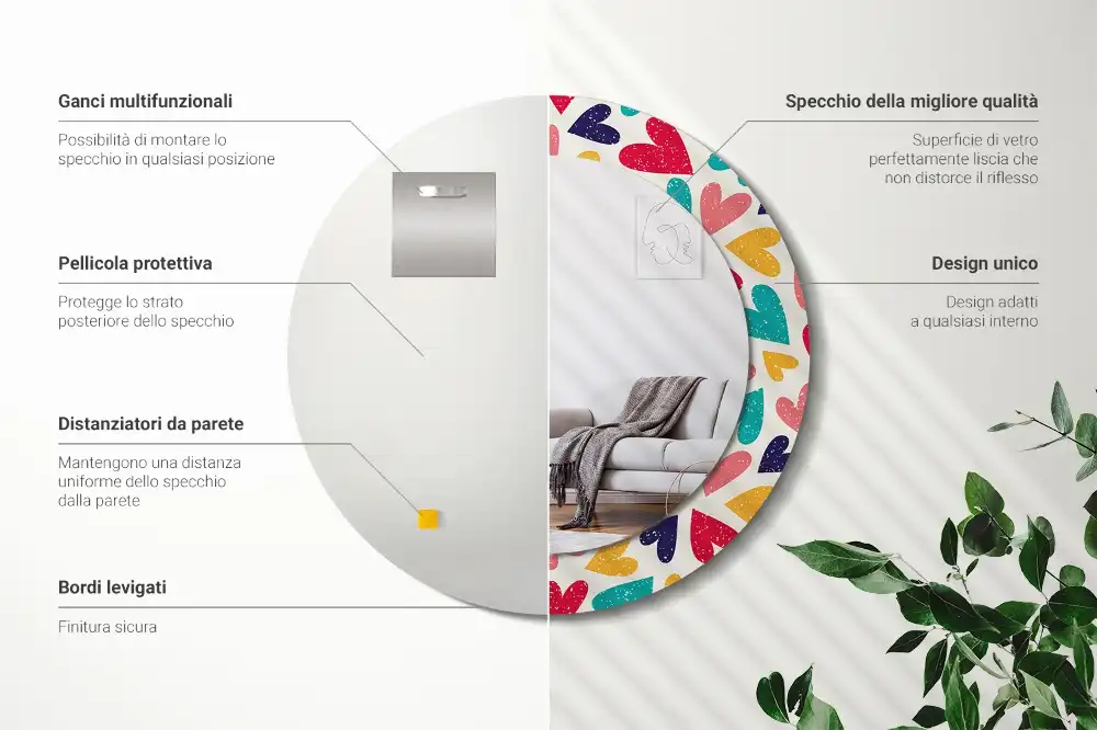 Miroir rond cadre imprimé cœurs colorés