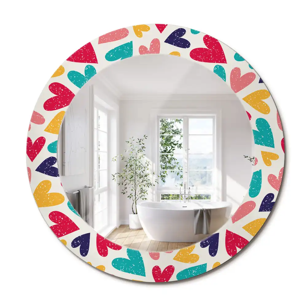 Miroir rond cadre imprimé cœurs colorés