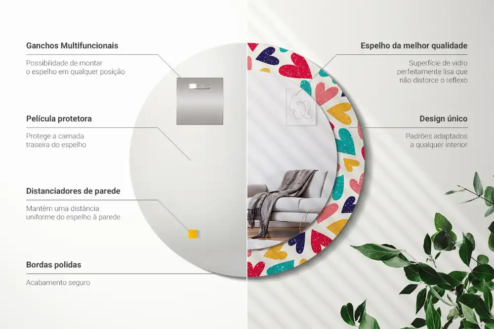 Miroir rond cadre imprimé cœurs colorés