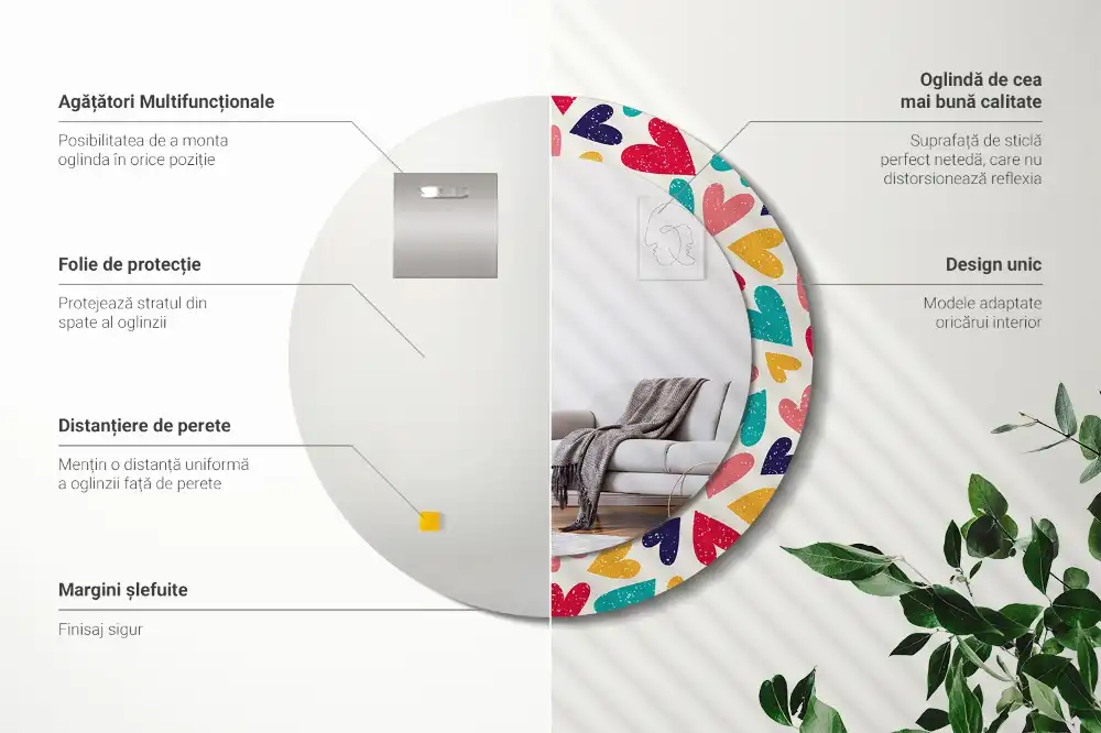 Miroir rond cadre imprimé cœurs colorés