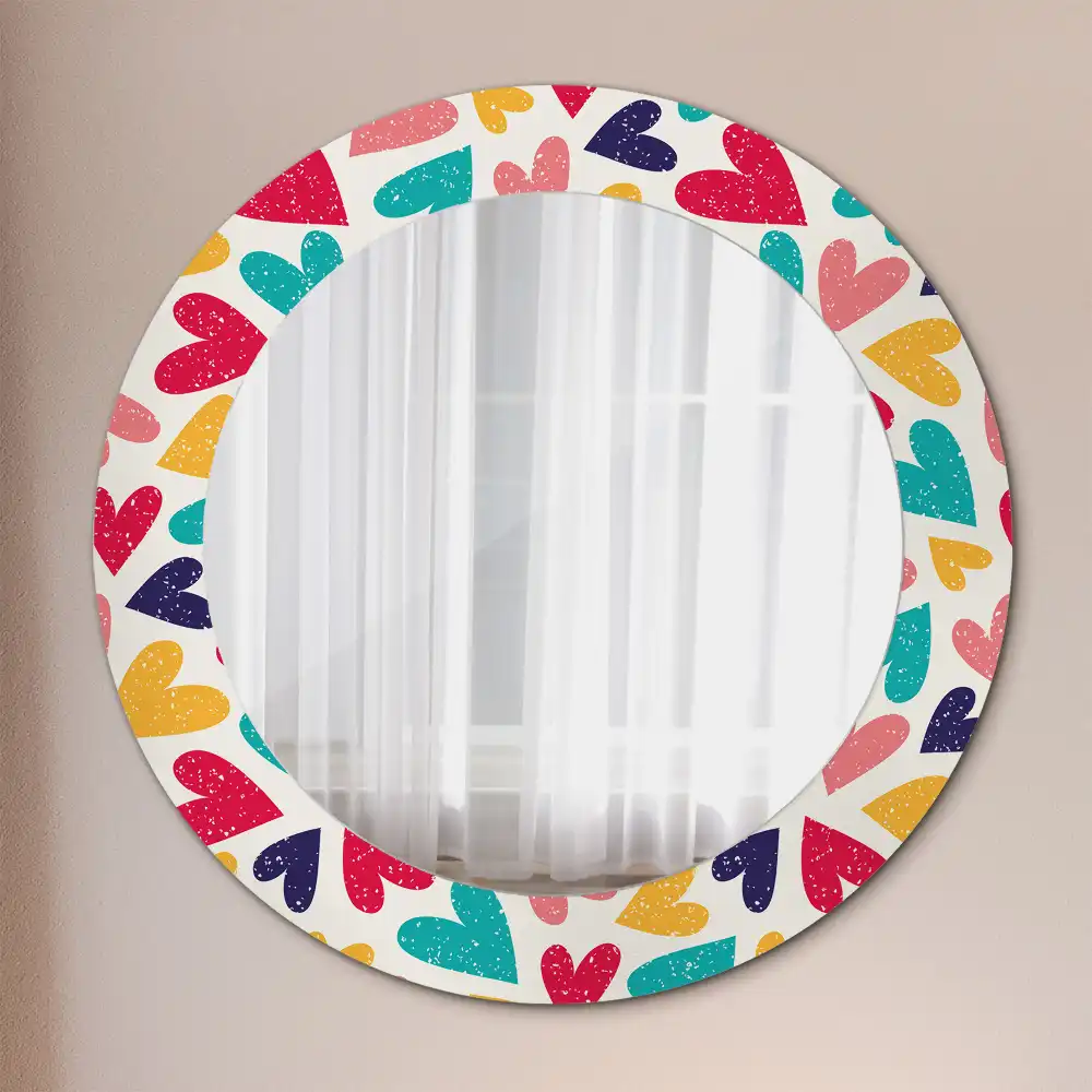 Miroir rond cadre imprimé cœurs colorés