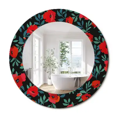 Miroir rond avec décoration coquelicot rouge
