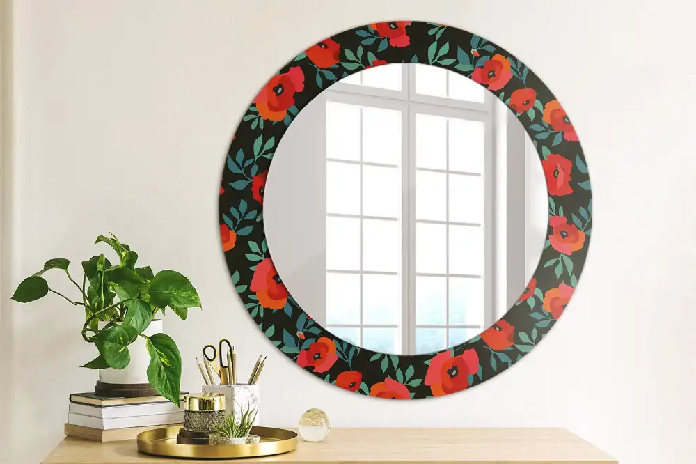 Miroir rond avec décoration coquelicot rouge