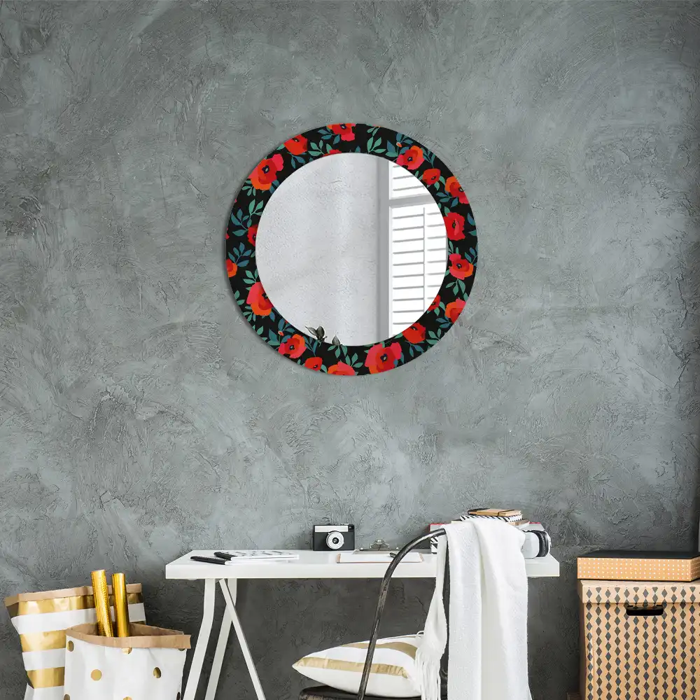 Miroir rond avec décoration coquelicot rouge