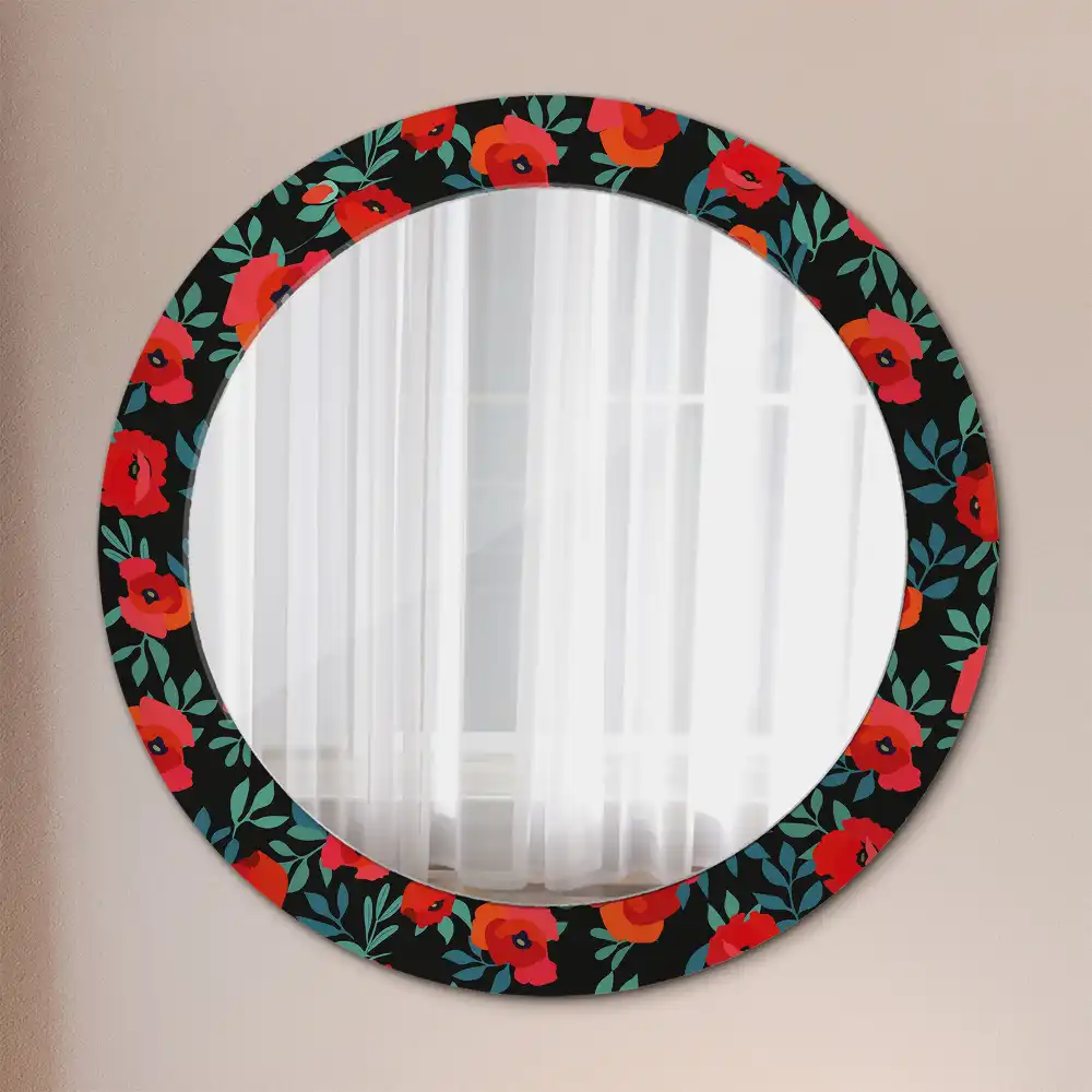 Miroir rond avec décoration coquelicot rouge