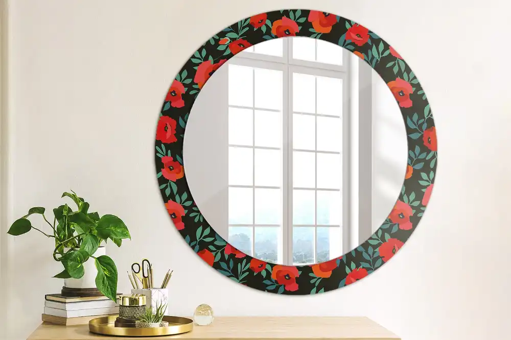 Miroir rond avec décoration coquelicot rouge