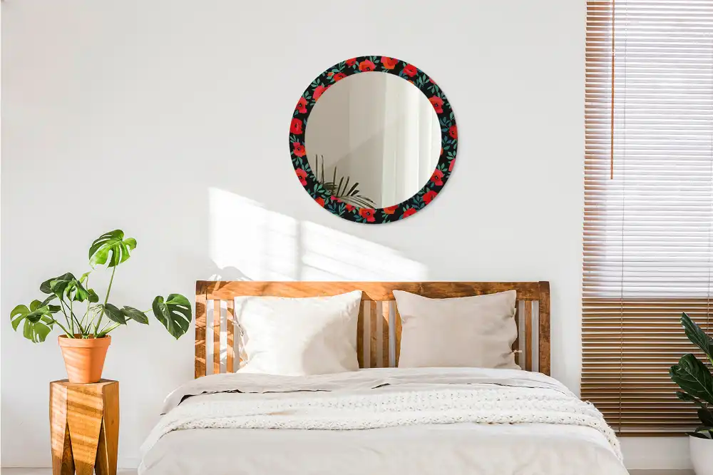 Miroir rond avec décoration coquelicot rouge
