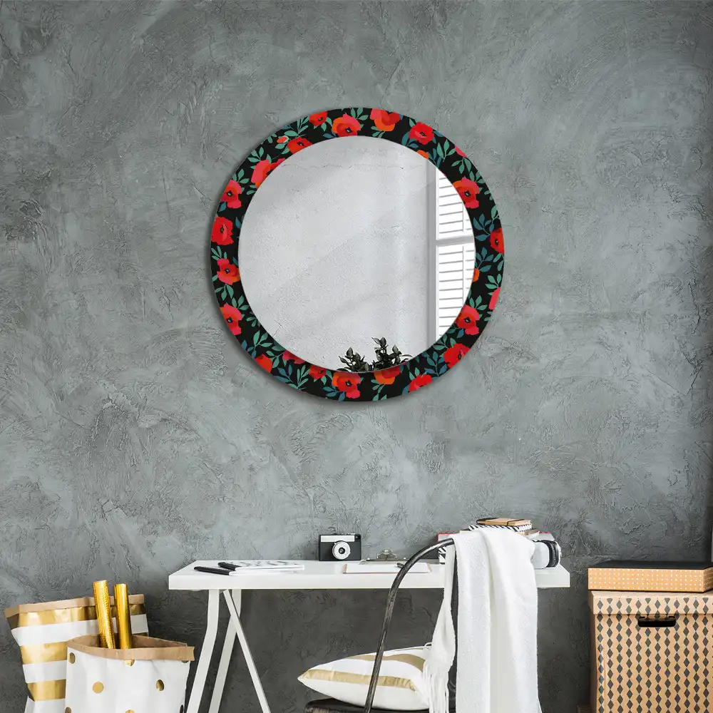 Miroir rond avec décoration coquelicot rouge