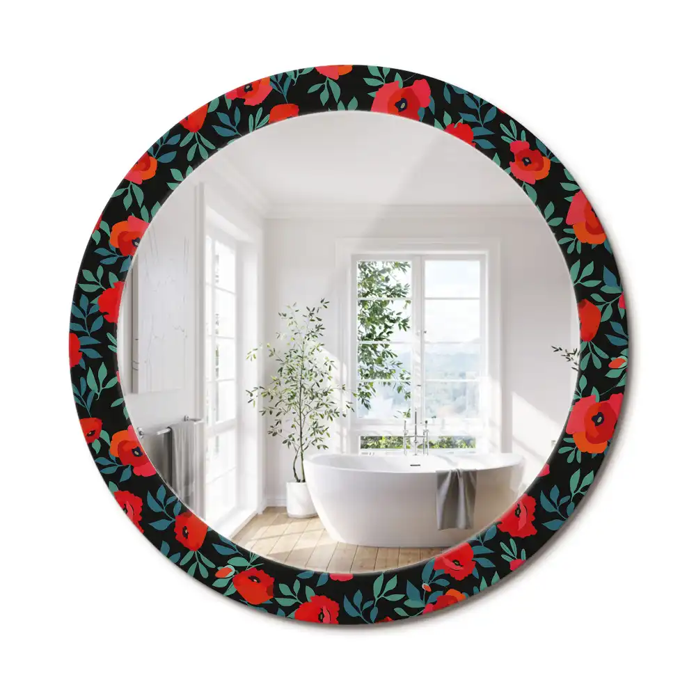 Miroir rond avec décoration coquelicot rouge