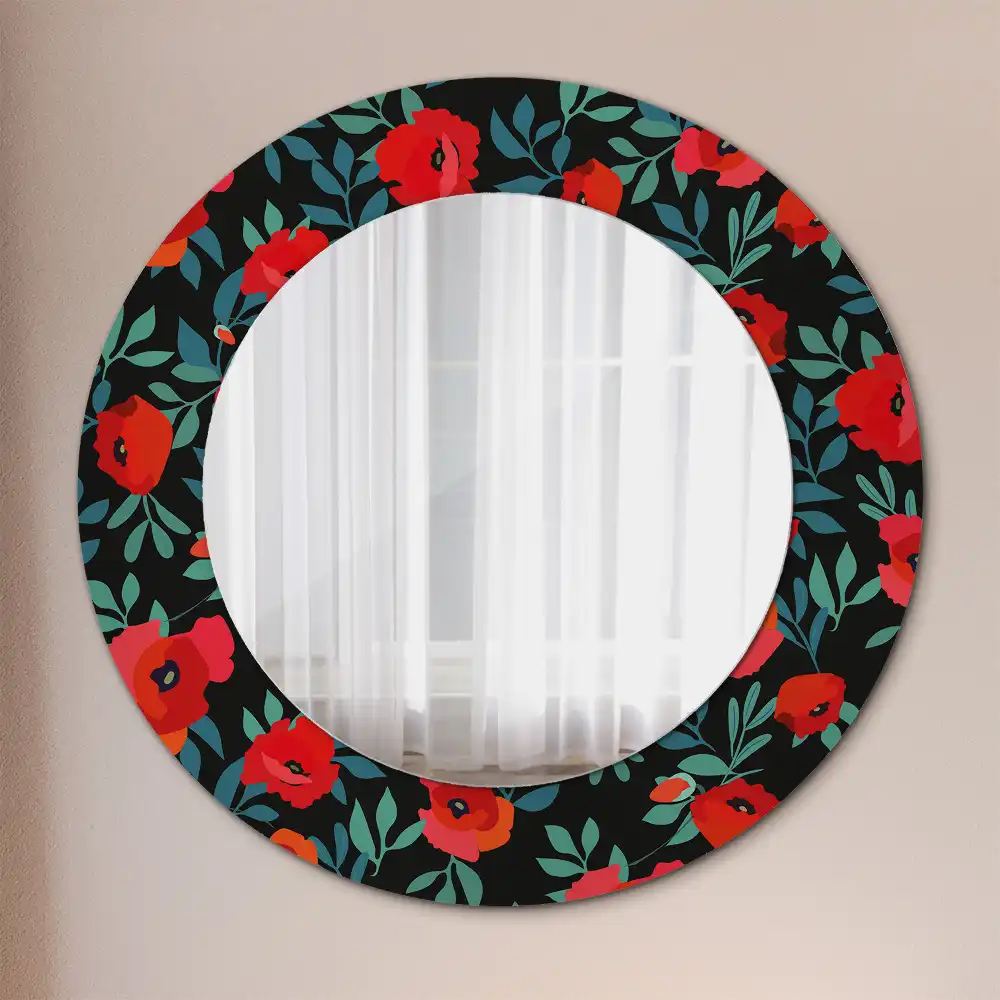 Miroir rond avec décoration coquelicot rouge