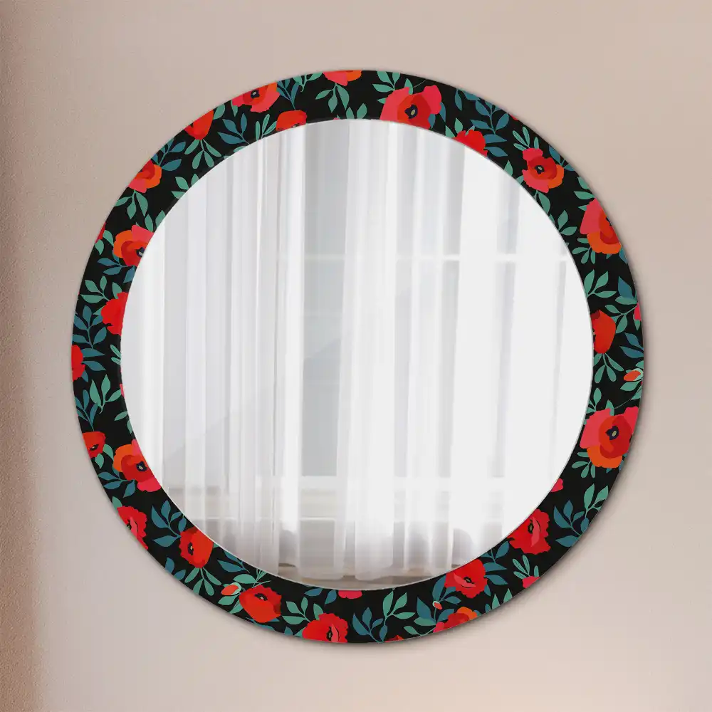 Miroir rond avec décoration coquelicot rouge