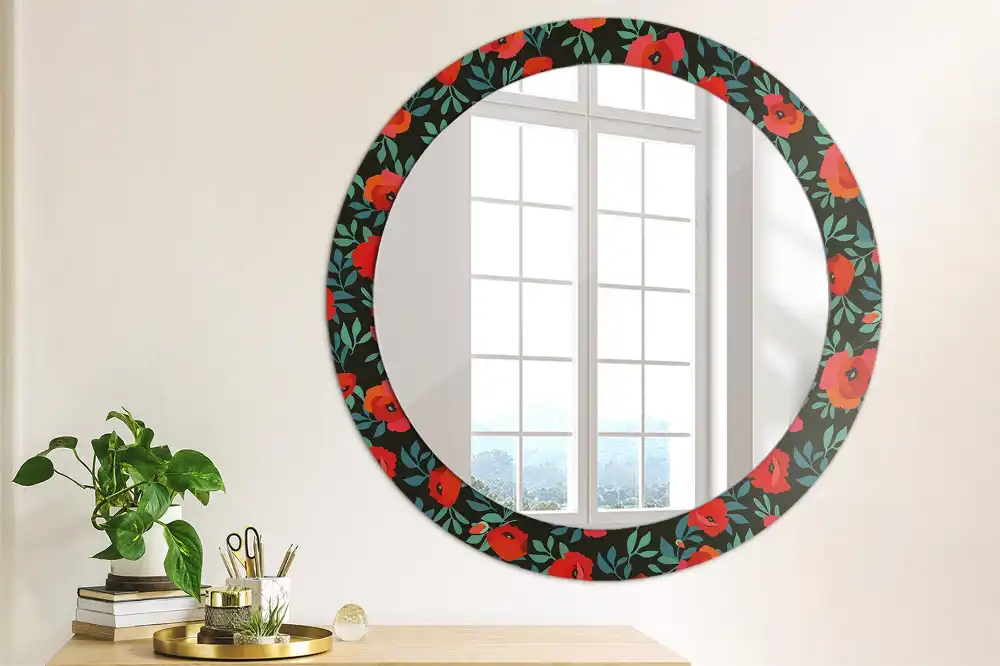 Miroir rond avec décoration coquelicot rouge
