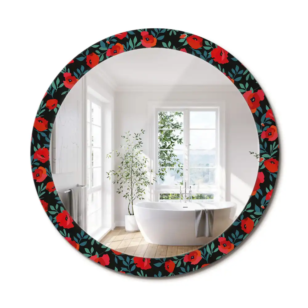 Miroir rond avec décoration coquelicot rouge