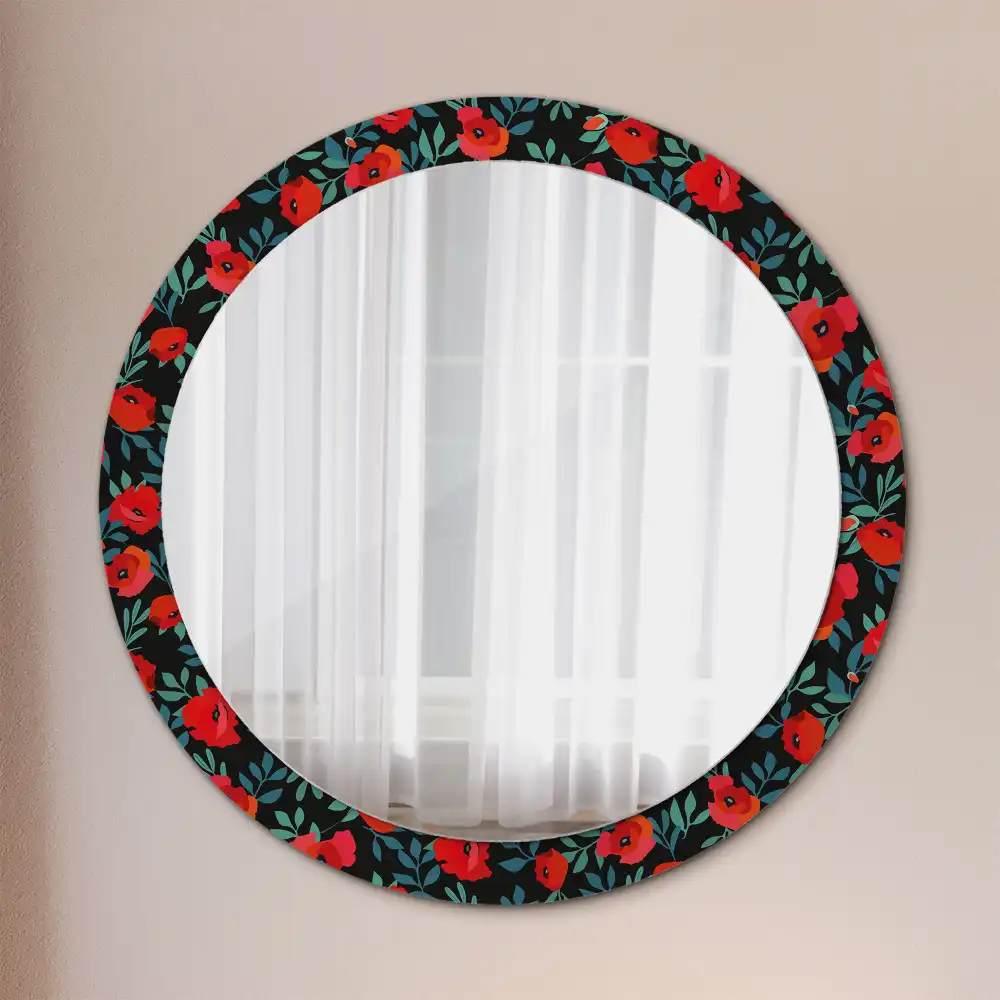Miroir rond avec décoration coquelicot rouge