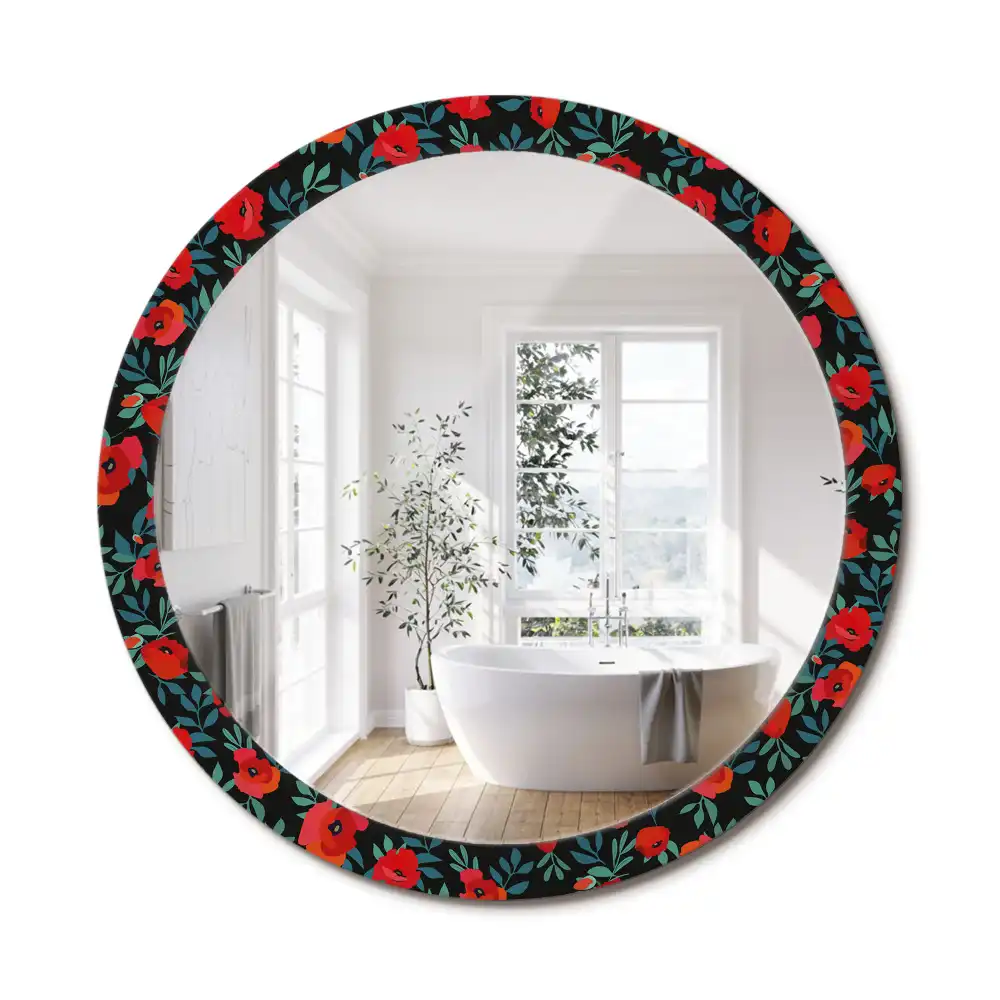 Miroir rond avec décoration coquelicot rouge