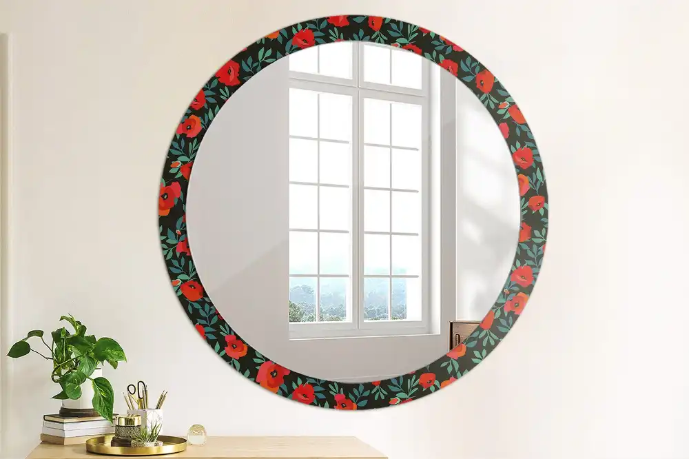 Miroir rond avec décoration coquelicot rouge
