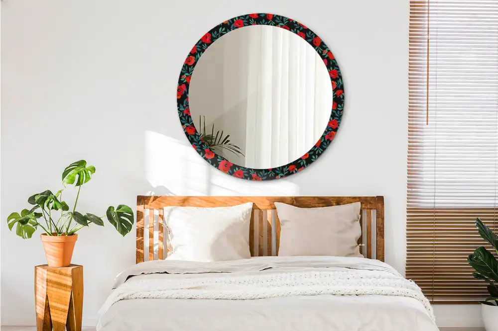 Miroir rond avec décoration coquelicot rouge