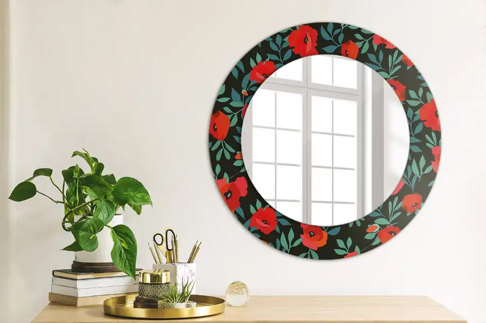 Miroir rond avec décoration coquelicot rouge