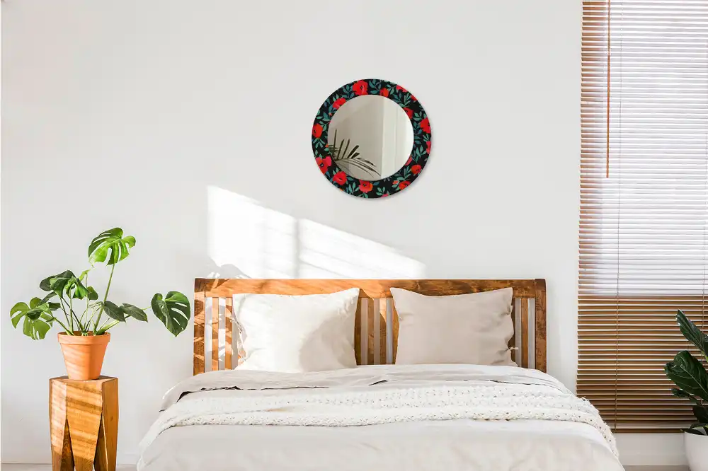 Miroir rond avec décoration coquelicot rouge