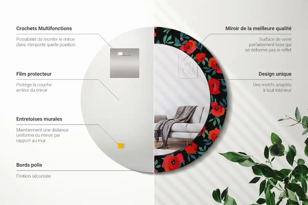 Miroir rond avec décoration coquelicot rouge