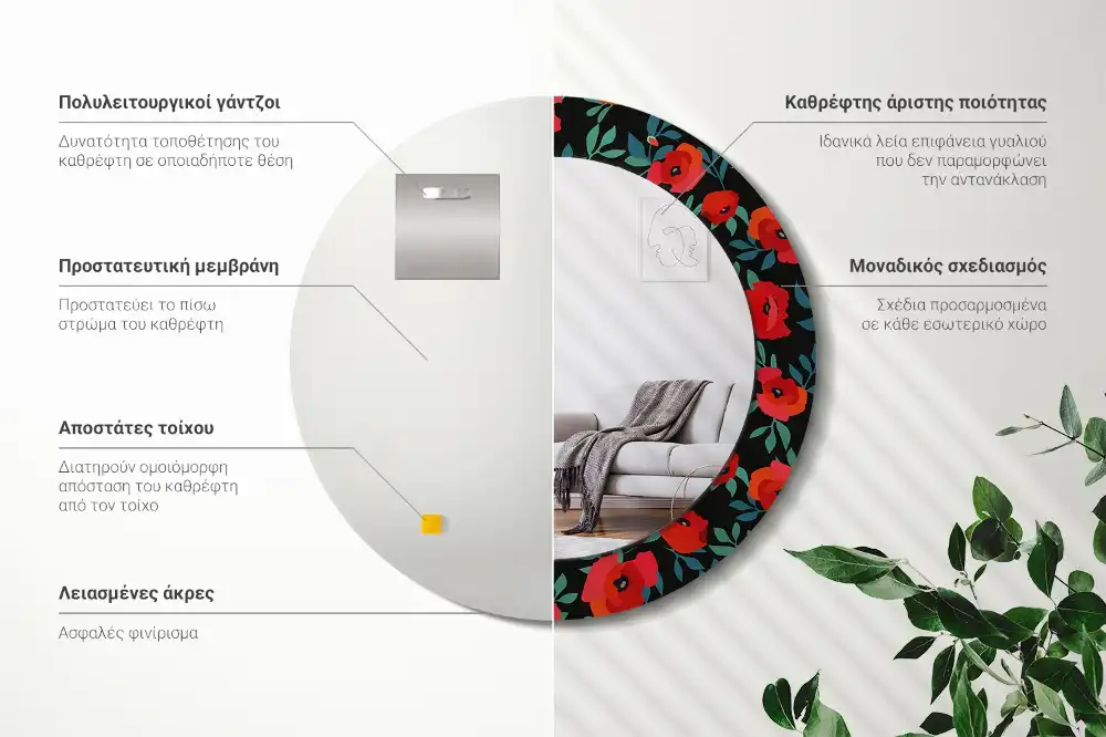 Miroir rond avec décoration coquelicot rouge