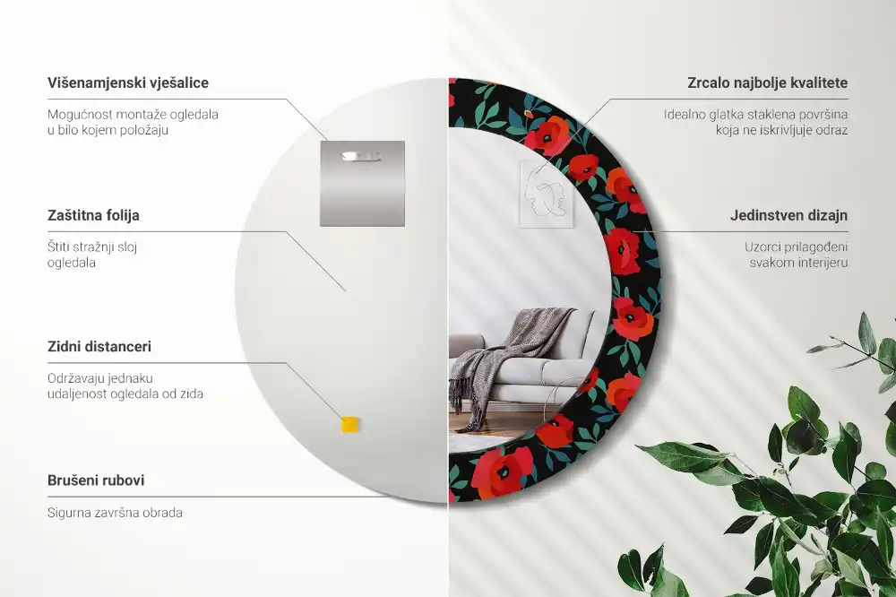 Miroir rond avec décoration coquelicot rouge